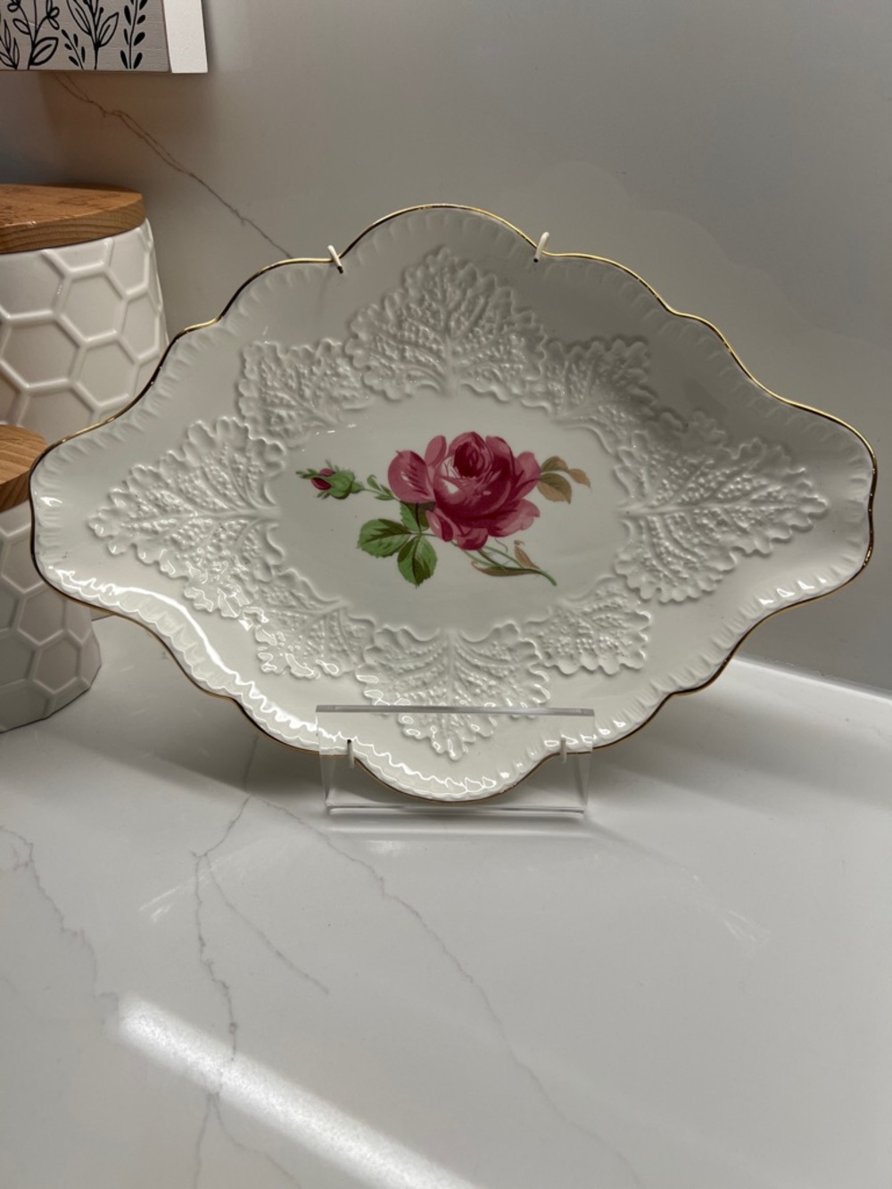 Princess Rose White Porcelain Decorative Serving Dish with Pink Rose & Gold Trim